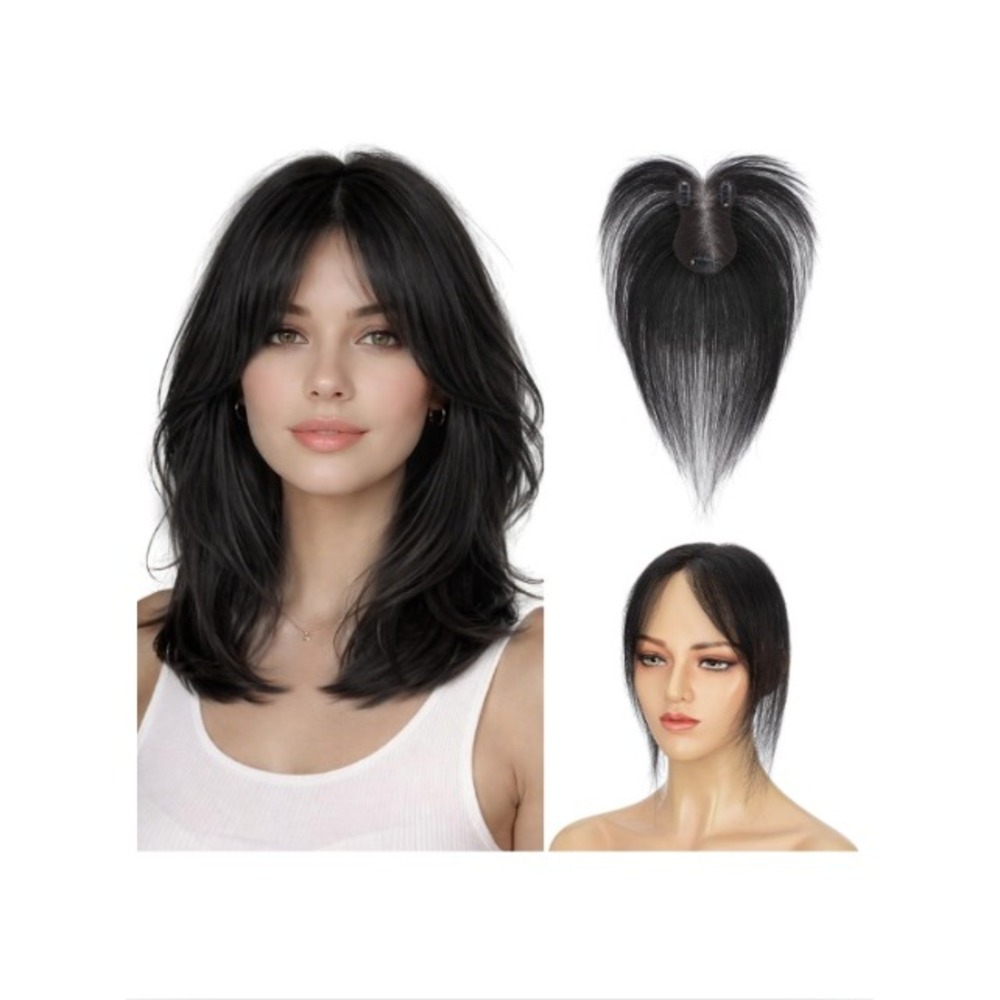 Clip In Bangs Remy Human Hair Topper Natural Black #02 3D Wispy Bangs 11in